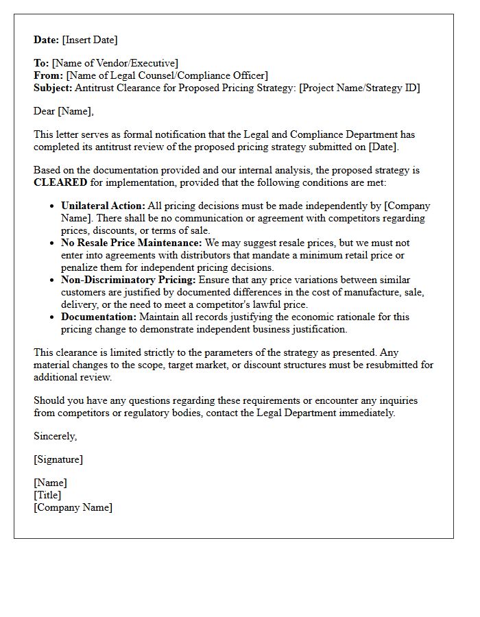 Vendor Pricing Strategy Antitrust Clearance Letter