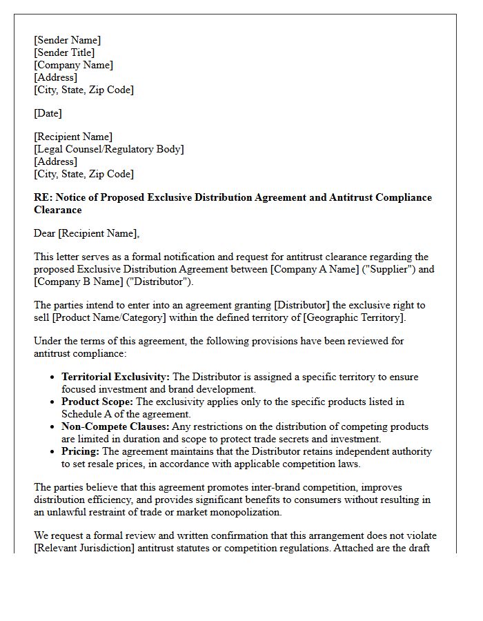 Exclusive Distribution Agreement Antitrust Clearance Letter