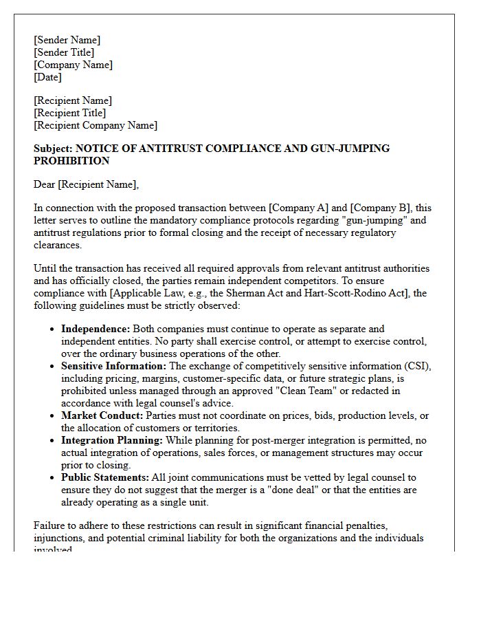 Gun-Jumping Compliance and Antitrust Clearance Letter