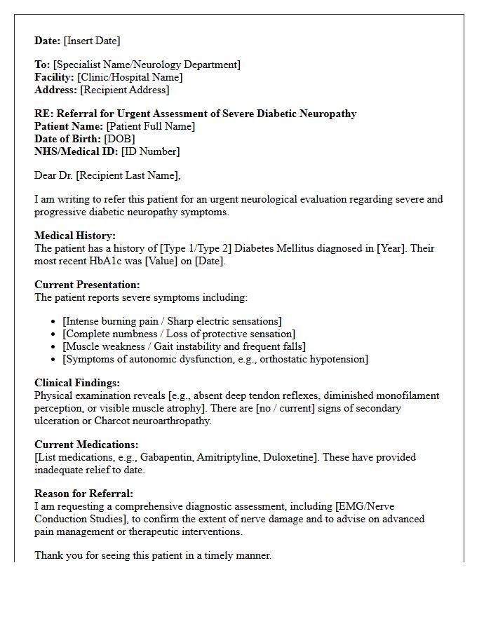 Severe Diabetic Neuropathy Assessment Referral Letter