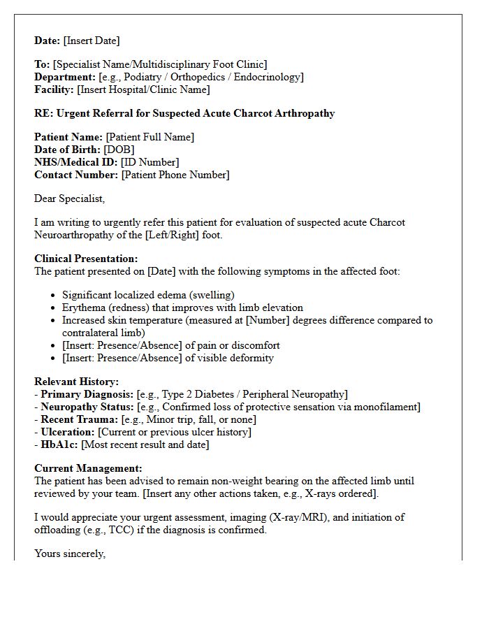 Suspected Charcot Arthropathy Diagnostic Referral Letter