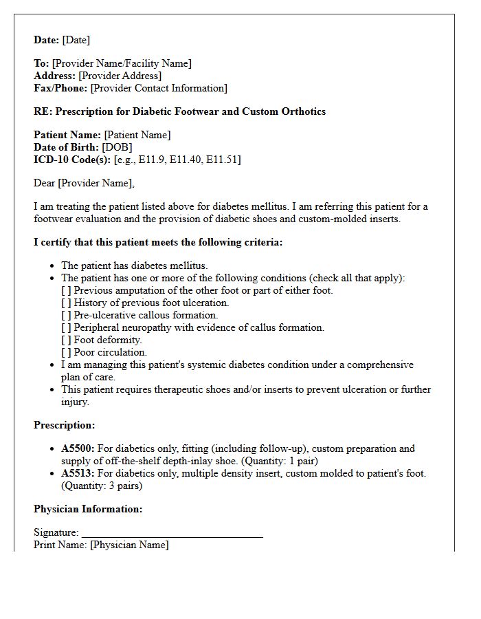 Diabetic Custom Orthotics And Footwear Prescription Referral Letter