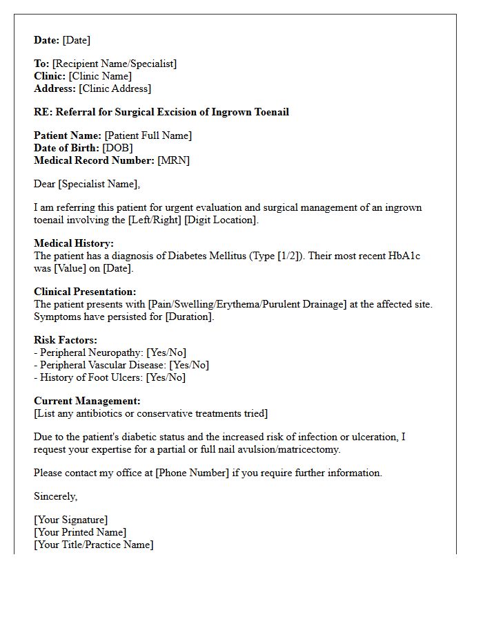 Diabetic Ingrown Toenail Excision Referral Letter