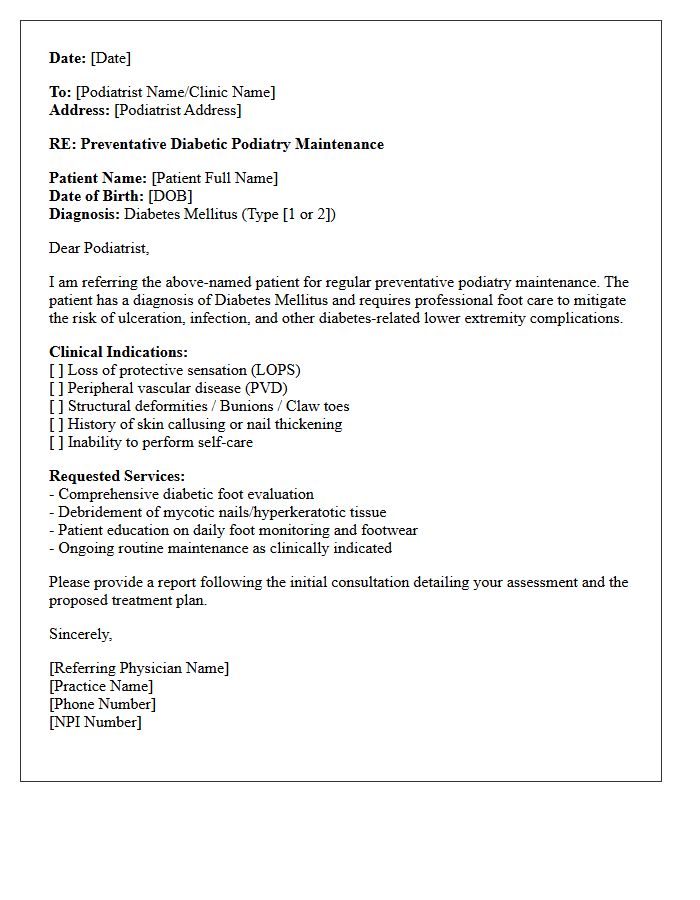 Preventative Diabetic Podiatry Maintenance Referral Letter