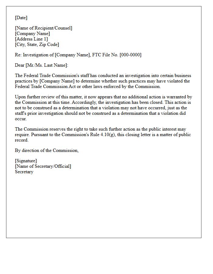 Federal Trade Commission Investigation Clearance Letter