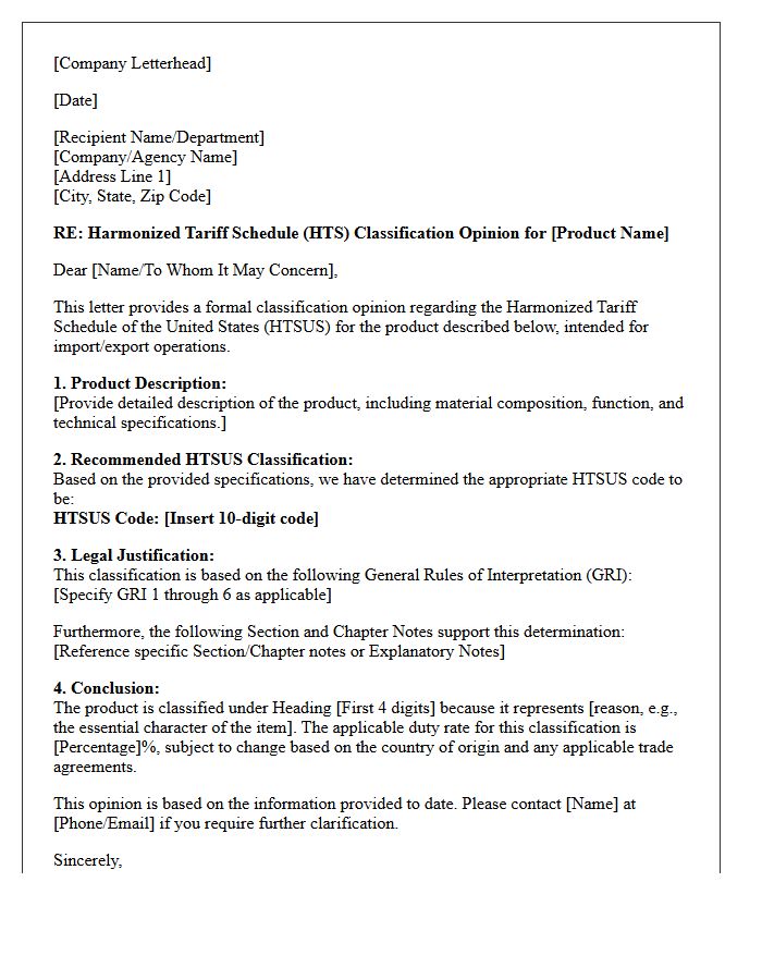 Harmonized Tariff Schedule Classification Opinion Letter