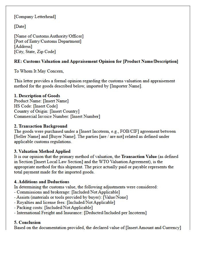 Customs Valuation And Appraisement Opinion Letter