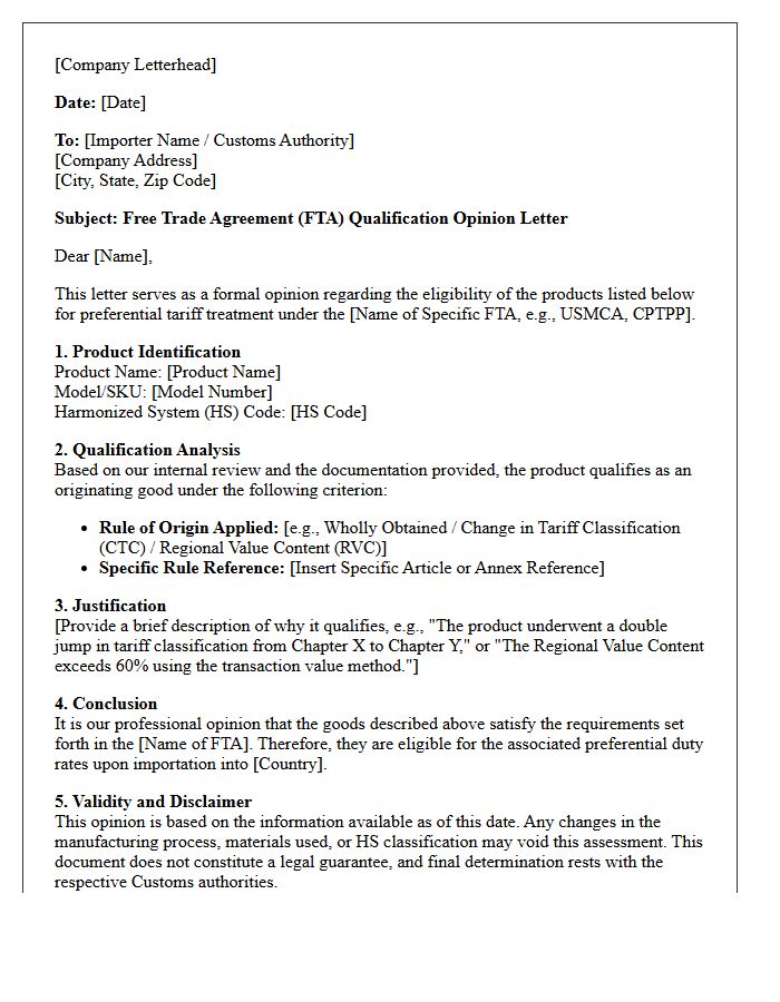 Free Trade Agreement Qualification Opinion Letter