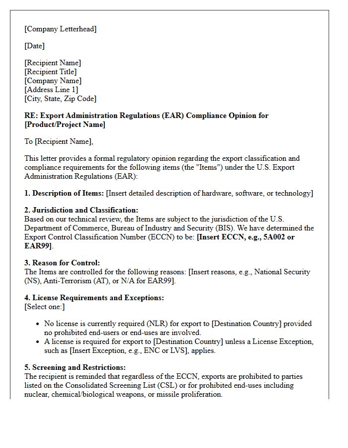 Export Administration Regulations Compliance Opinion Letter