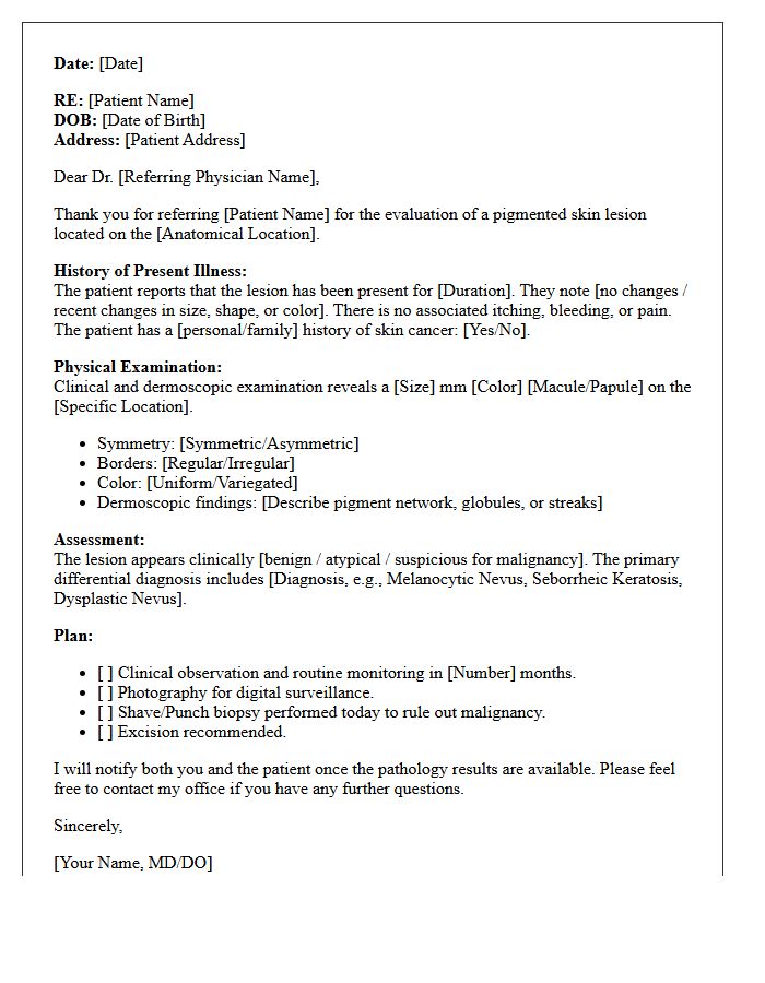Routine Pigmented Skin Lesion Evaluation Consultation Letter