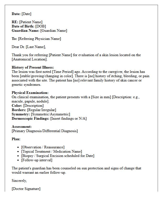 Pediatric Dermatology Skin Lesion Evaluation Consultation Letter