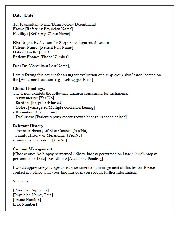 Suspicious Melanoma Skin Lesion Evaluation Consultation Letter