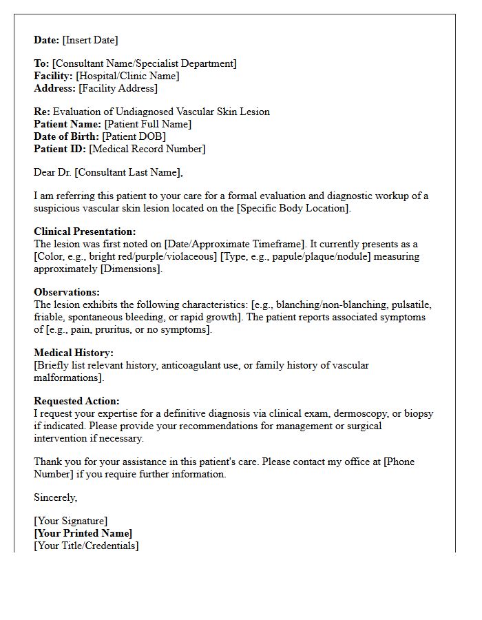 Undiagnosed Vascular Skin Lesion Evaluation Consultation Letter