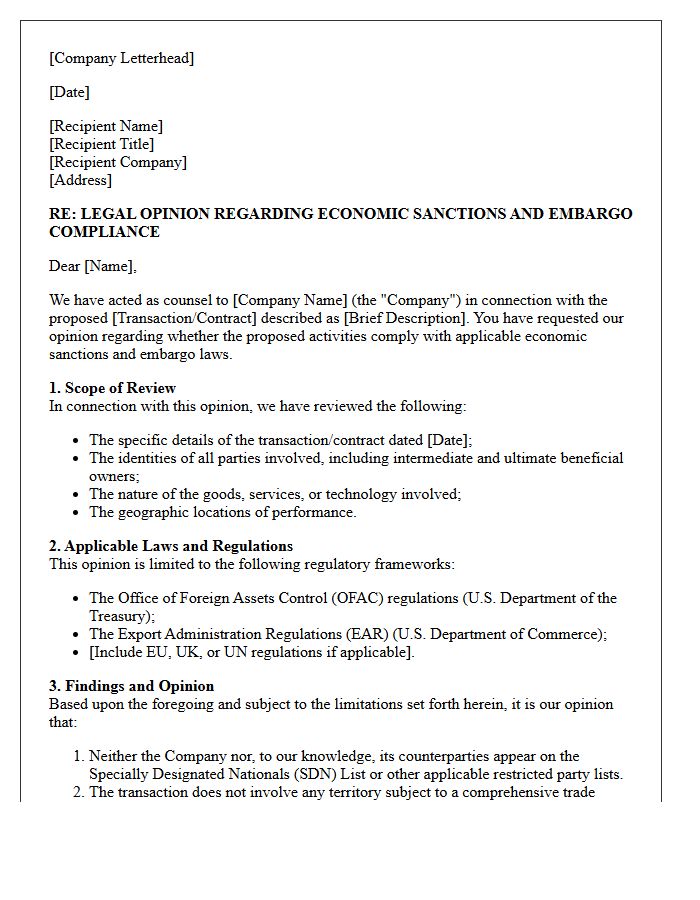 Economic Sanctions And Embargo Compliance Opinion Letter