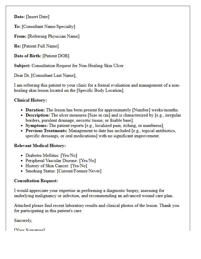 Non-Healing Ulcer Skin Lesion Evaluation Consultation Letter
