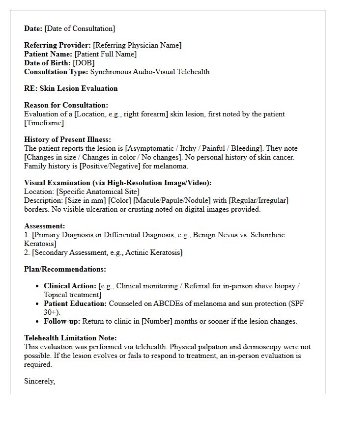 Telehealth Dermatology Skin Lesion Evaluation Consultation Letter