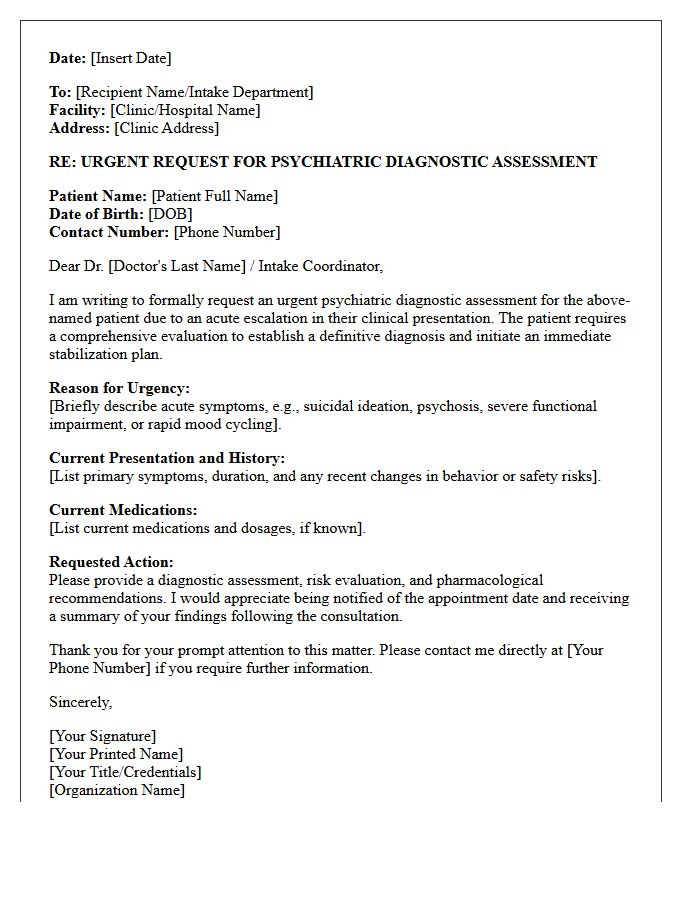 Urgent Psychiatric Diagnostic Assessment Consultation Letter