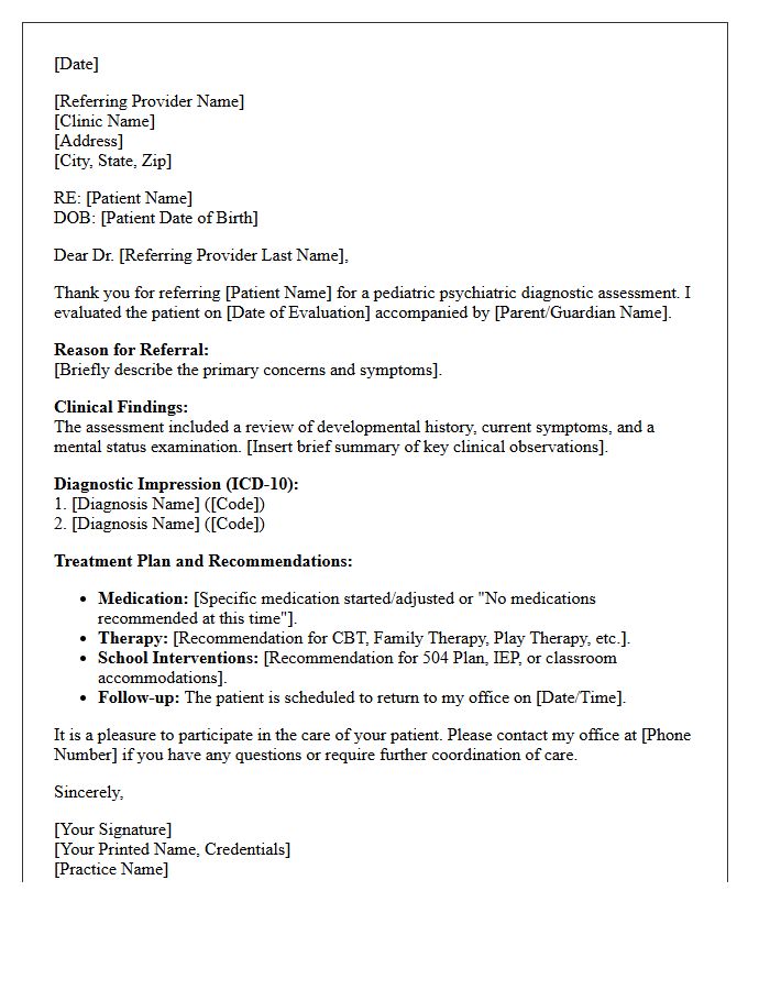 Pediatric Psychiatric Diagnostic Assessment Consultation Letter