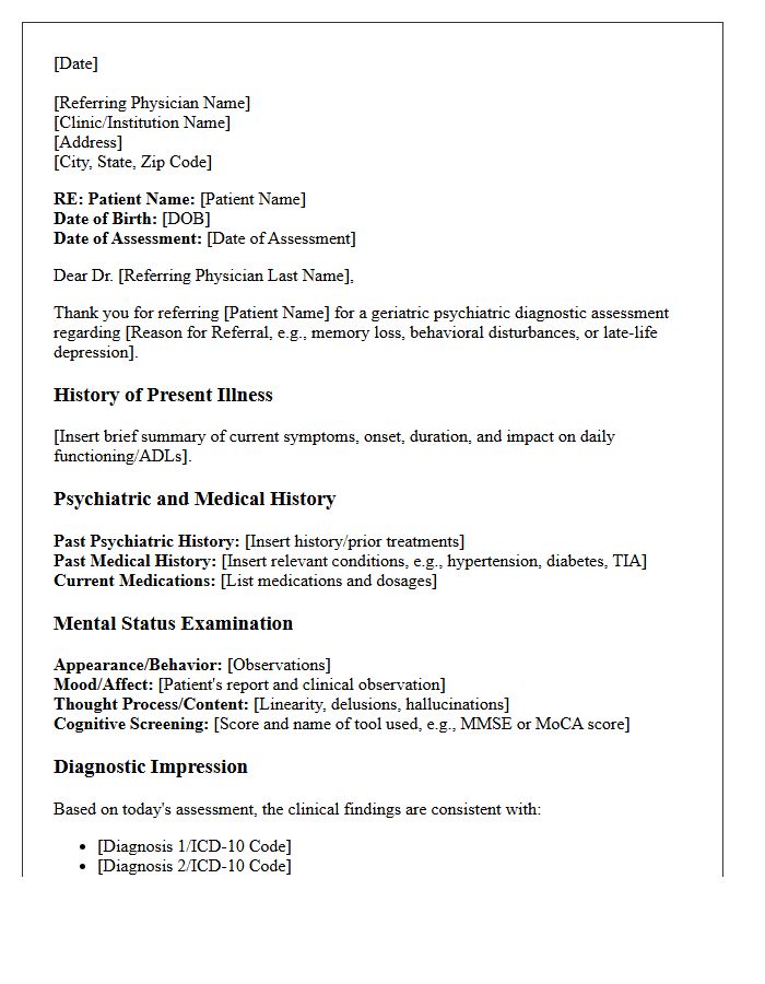 Geriatric Psychiatric Diagnostic Assessment Consultation Letter