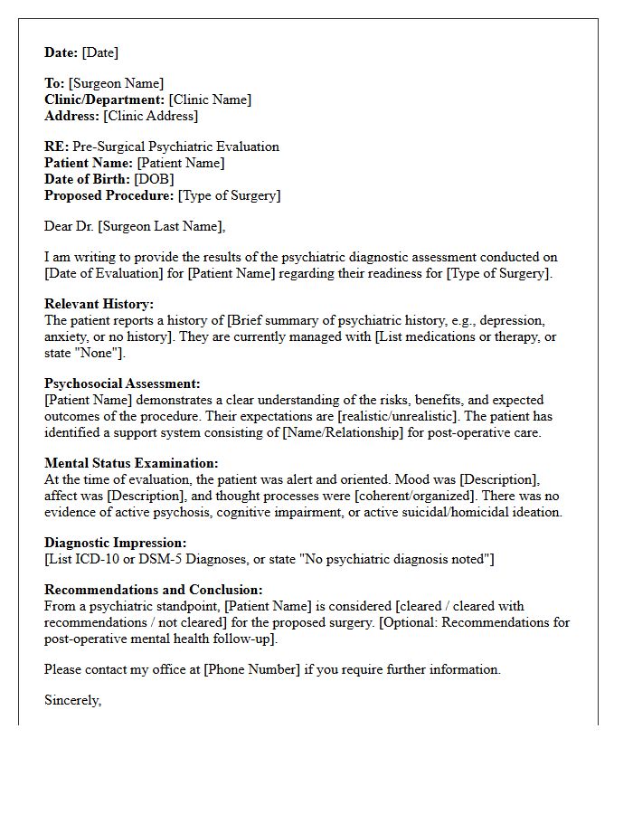 Pre-Surgical Psychiatric Diagnostic Assessment Consultation Letter