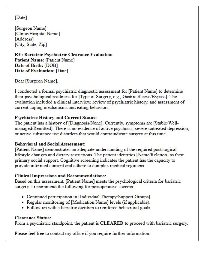 Bariatric Psychiatric Diagnostic Assessment Consultation Letter