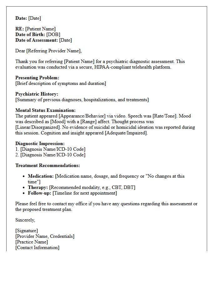 Telehealth Psychiatric Diagnostic Assessment Consultation Letter
