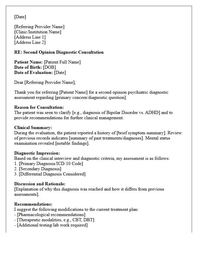 Second Opinion Psychiatric Diagnostic Assessment Consultation Letter