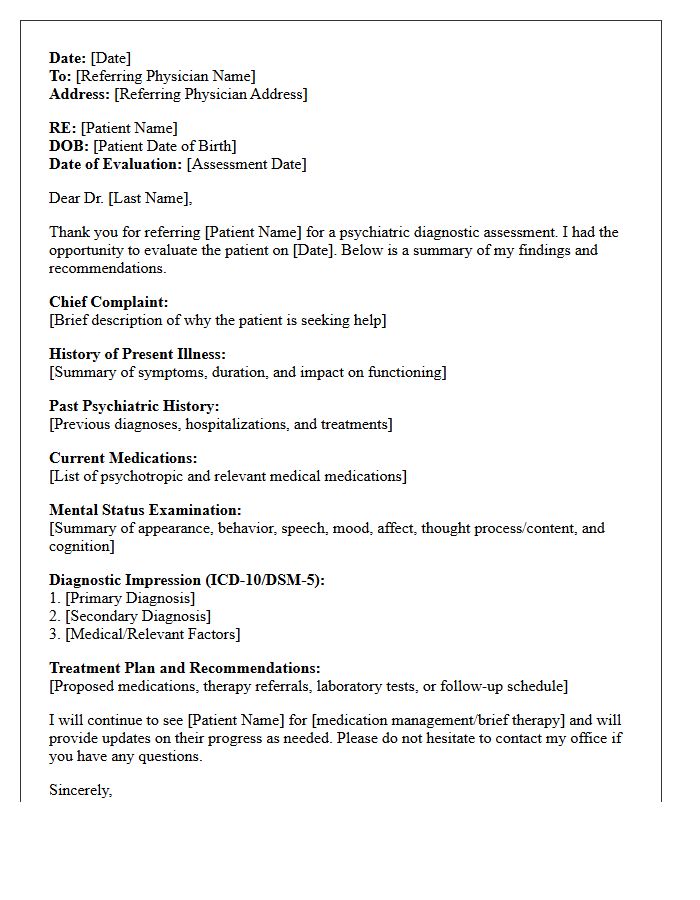 Outpatient Psychiatric Diagnostic Assessment Consultation Letter