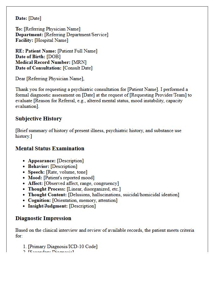 Inpatient Psychiatric Diagnostic Assessment Consultation Letter