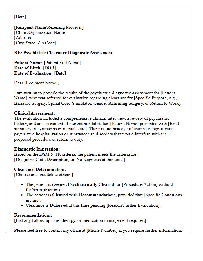 Clearance Psychiatric Diagnostic Assessment Consultation Letter