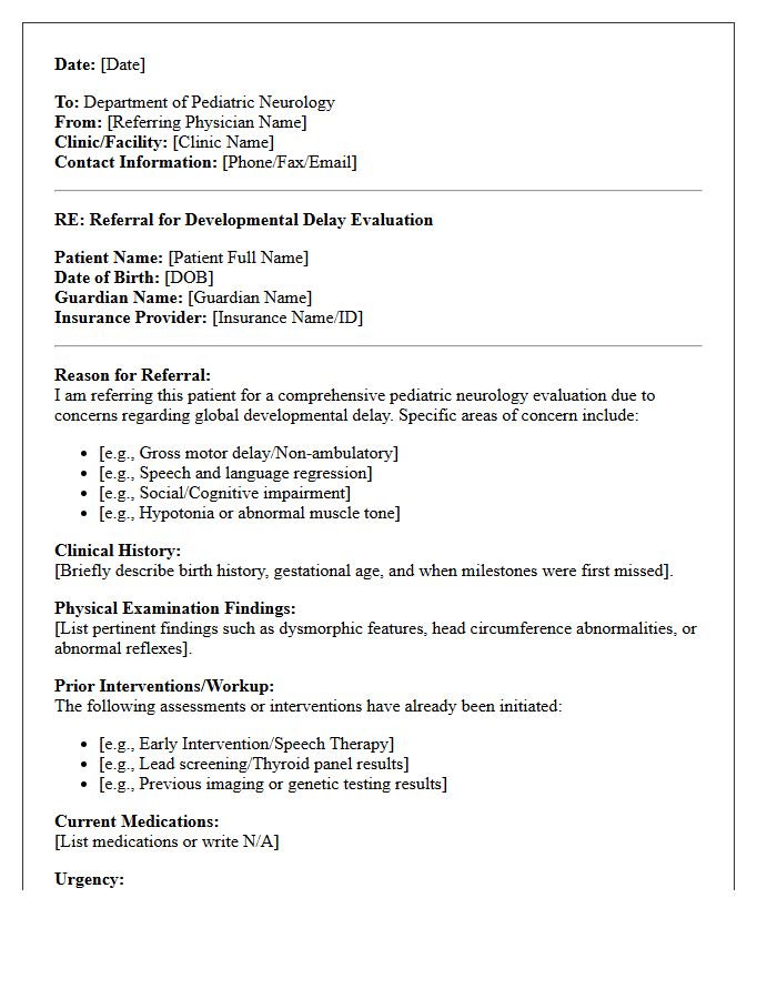 Pediatric Neurology Developmental Delay Referral Letter