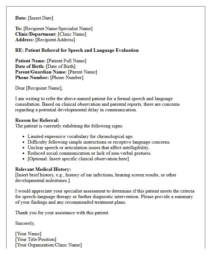 Speech and Language Delay Consultation Referral Letter