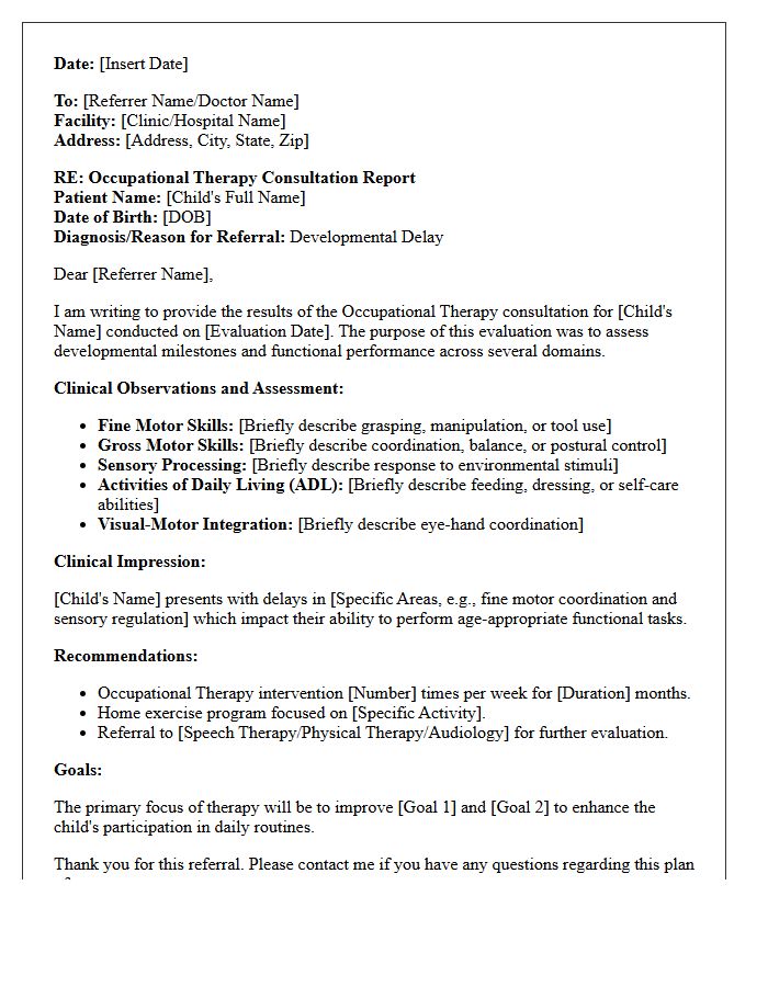 Occupational Therapy Developmental Delay Consultation Letter