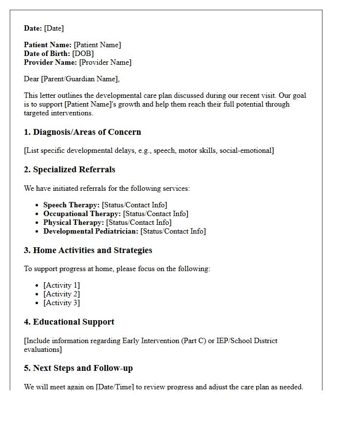 Patient Family Developmental Delay Care Plan Letter