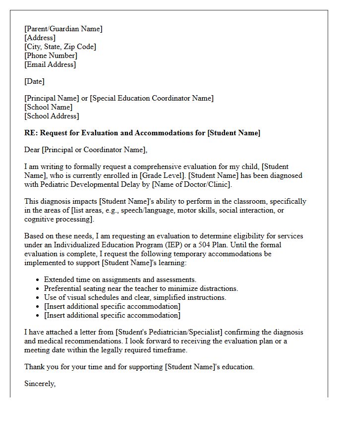 School Accommodation Letter for Pediatric Developmental Delay