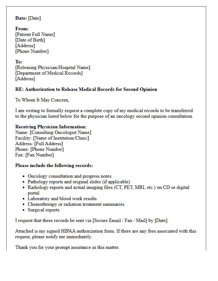 Medical Records Transfer for Oncology Second Opinion Consultation Letter