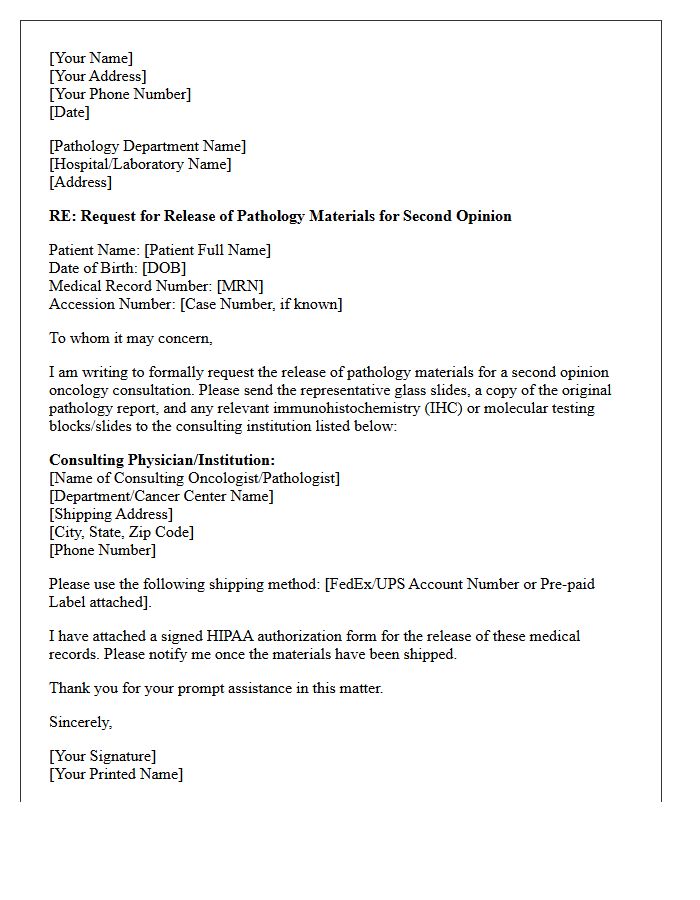 Pathology Slide Request for Oncology Second Opinion Consultation Letter