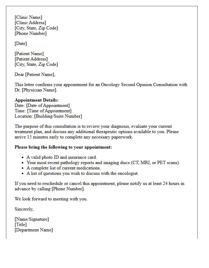 Appointment Confirmation for Oncology Second Opinion Consultation Letter