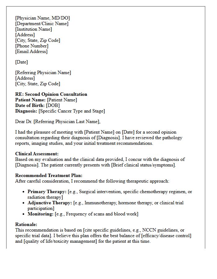 Treatment Plan Recommendation Oncology Second Opinion Consultation Letter