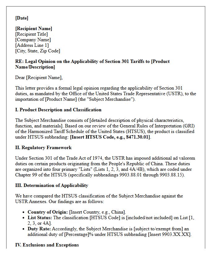 Section Three Hundred One Tariff Applicability Opinion Letter