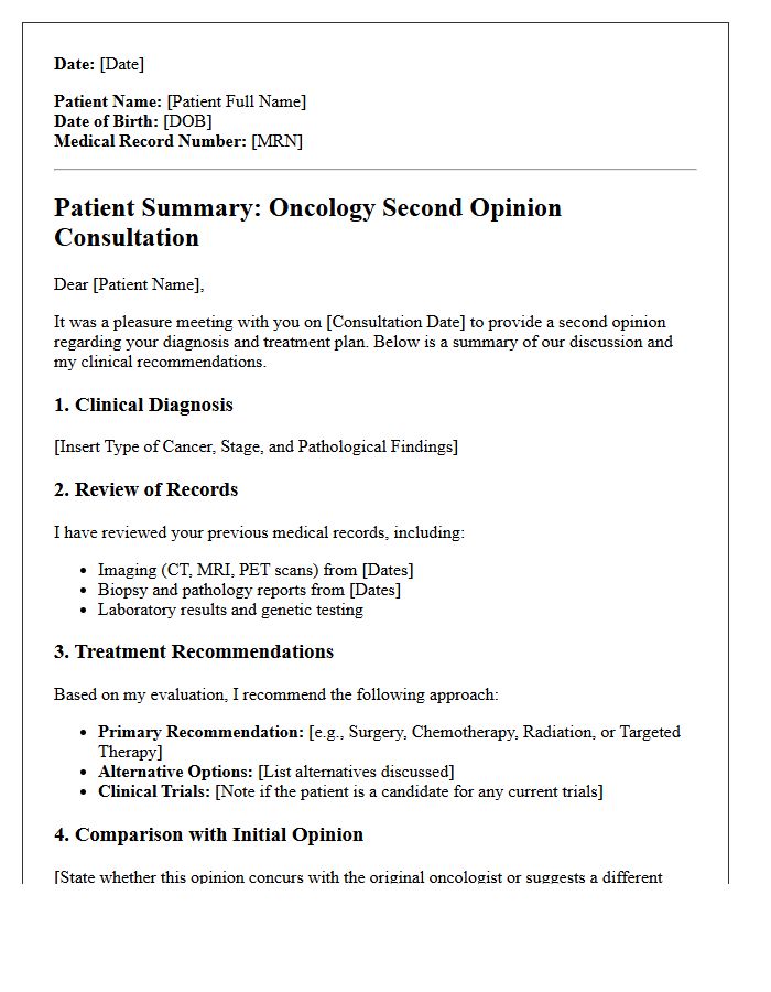 Patient Summary of Oncology Second Opinion Consultation Letter