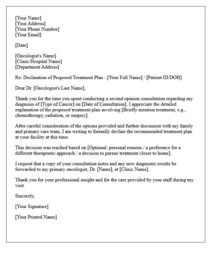 Declination of Treatment Following Oncology Second Opinion Consultation Letter