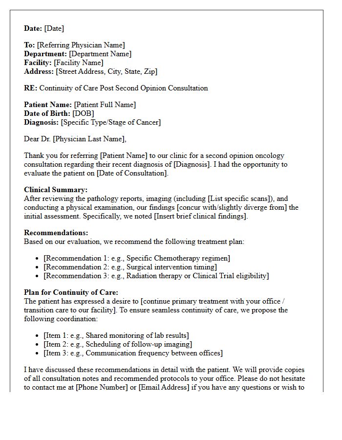 Continuity of Care Post Oncology Second Opinion Consultation Letter