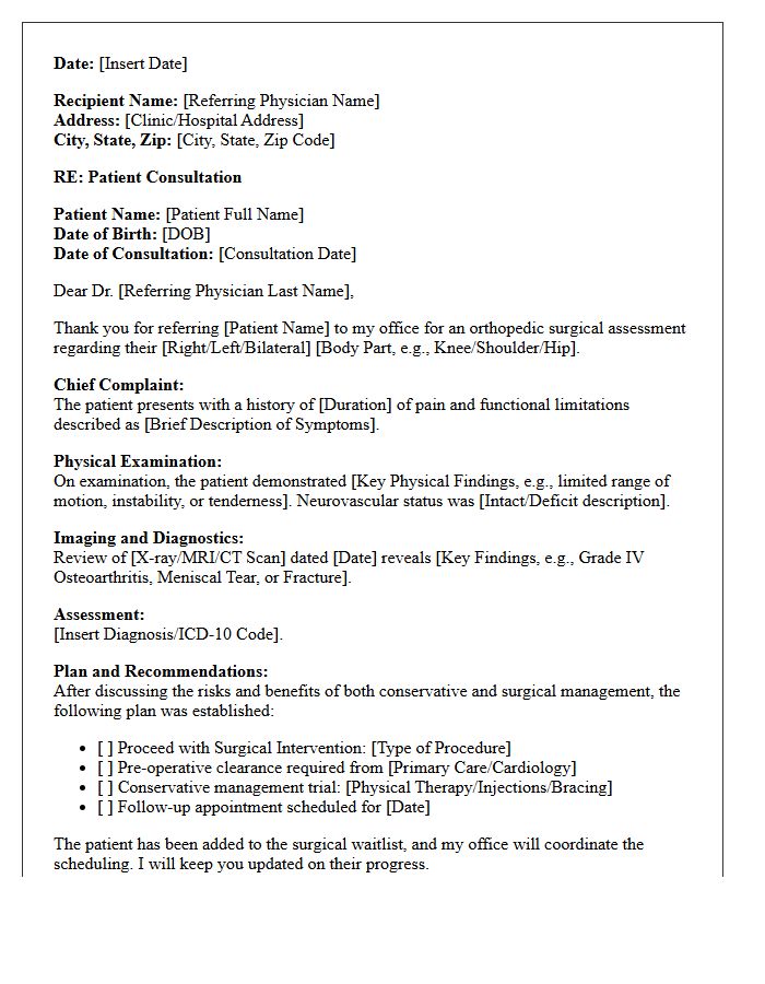 Initial Orthopedic Surgical Assessment Consultation Letter