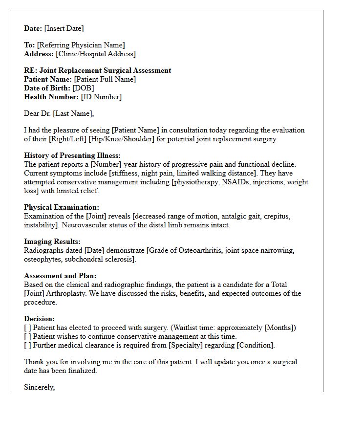Joint Replacement Surgical Assessment Consultation Letter