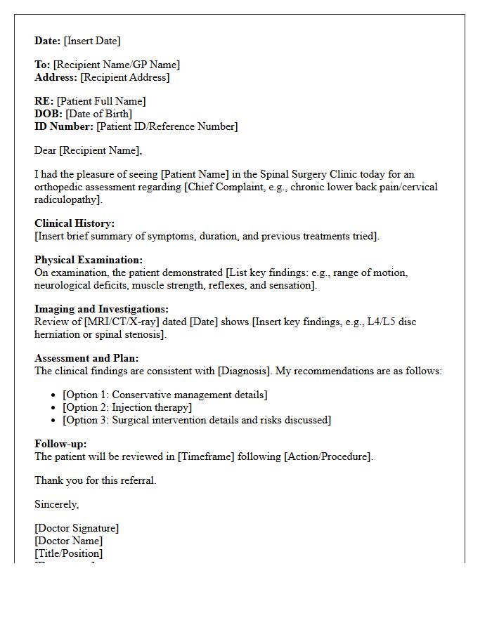 Spinal Surgery Orthopedic Assessment Consultation Letter