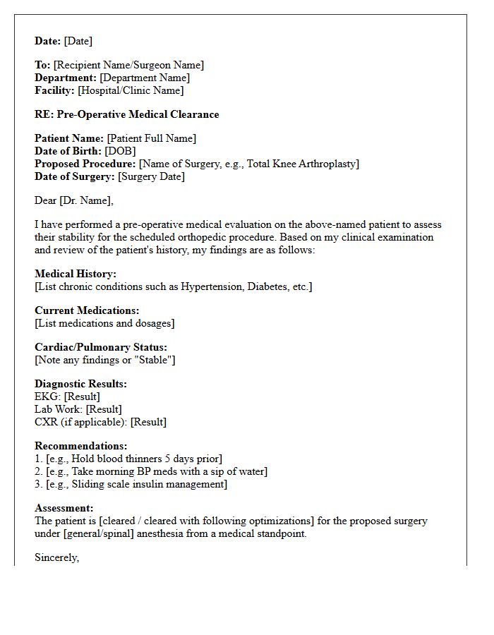 Pre-Operative Orthopedic Assessment Consultation Letter
