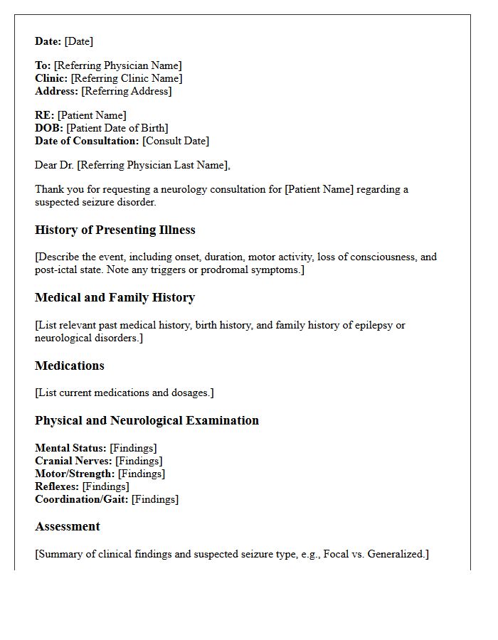 Initial Neurology Seizure Consultation Letter