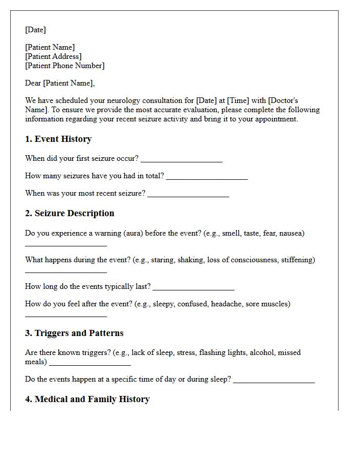 Seizure Pre-Consultation Patient Intake Letter
