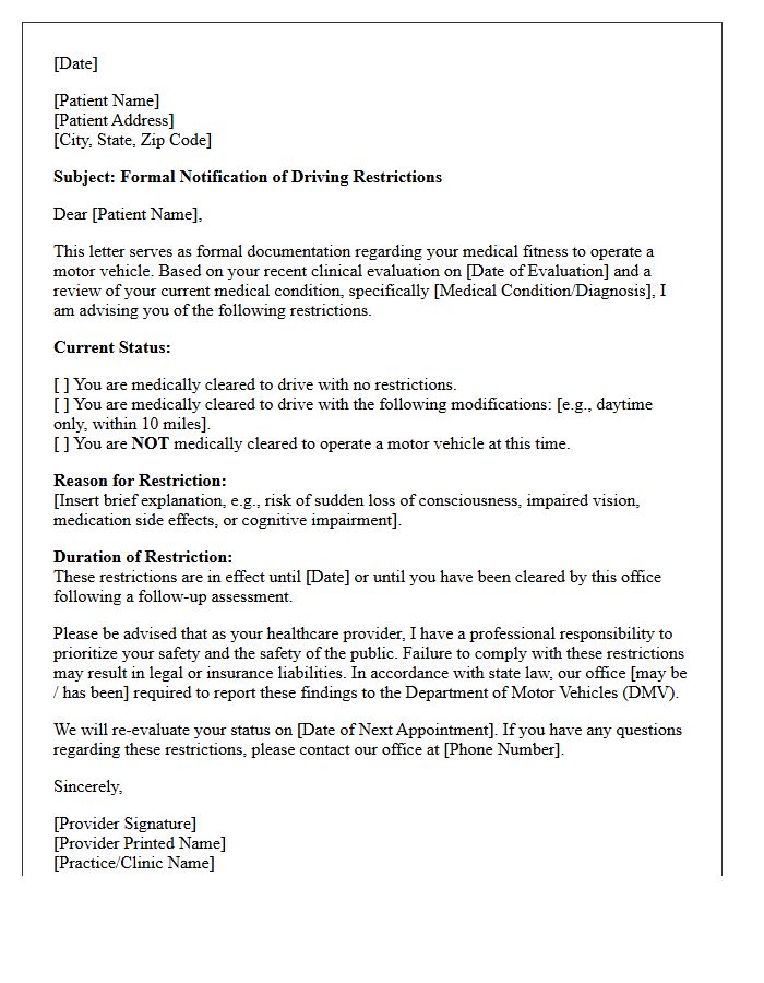 Patient Driving Restriction Compliance Letter